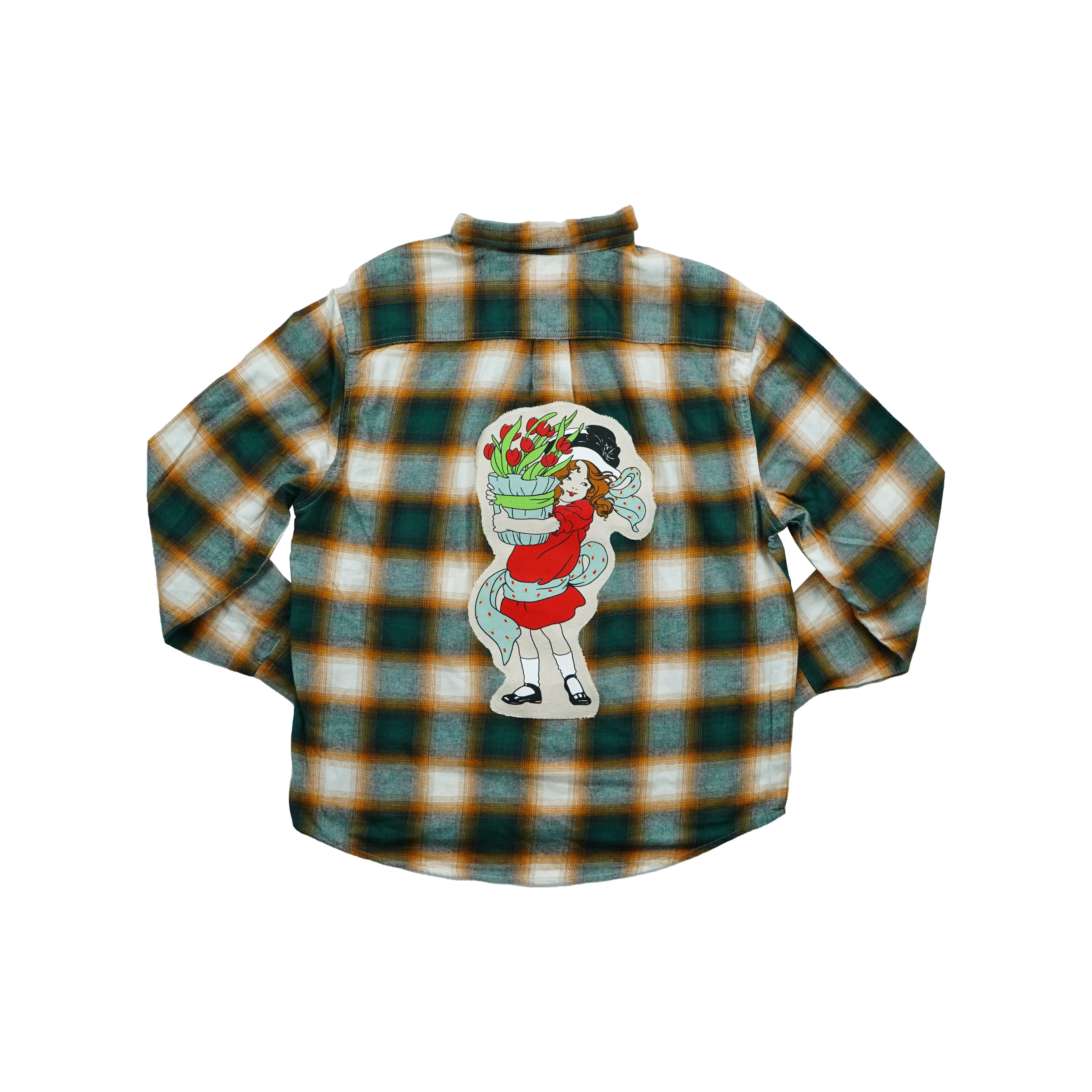 Tulips Button Up Flannel Shirt- Dark Green/ Gold/ Cream