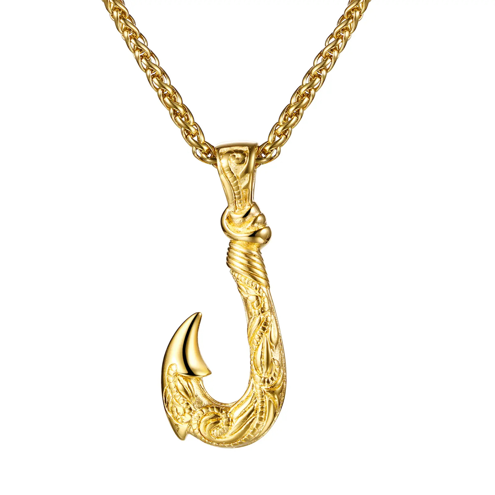 Male Vintage Gothic Fish Hook Stainless Steel Chain Strap Necklace - 24in Hip Hop Punk Hawaiian Pendant Jewelry, Fashion Costume Accessory for Christmas, Father’s Day Gifts by summerwins, Chain Strap Necklaces
