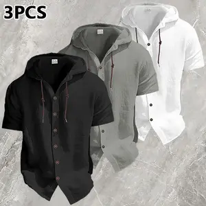 Men's Linen Hooded Short Sleeve Shirt - Casual Button-Down Summer Top with Drawstring, Breathable & Lightweight for Beach, Travel, Everyday Wear (Black, S-XXXL)