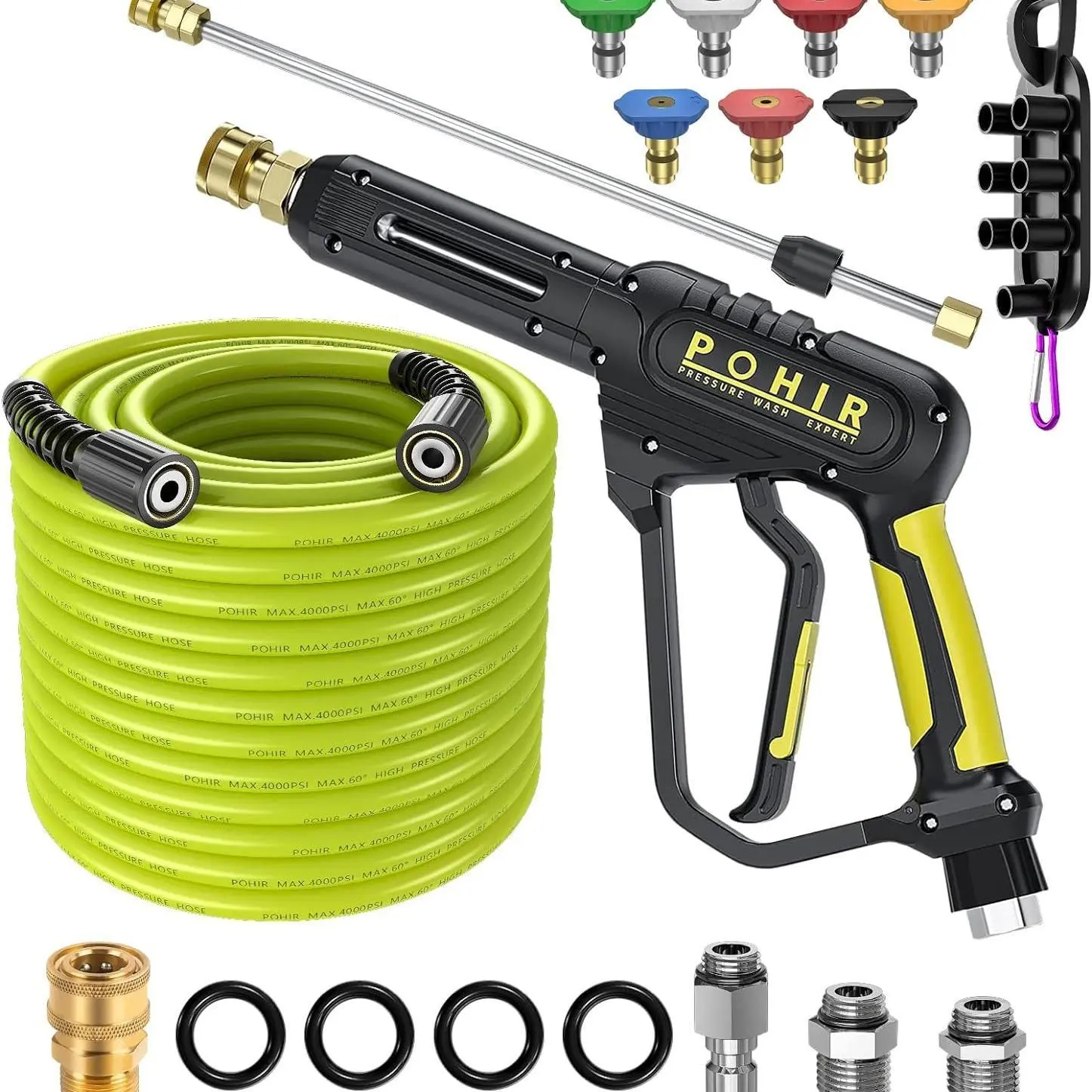 POHIR High Pressure Washer Gun & 50FT Kink-Free Power Washer Hose Kit with Swivel End, 3600 PSI Heavy Duty Attachment, 15in Wand, 7 Nozzles - Home & Car Cleaning Tool, Pressure Washer Attachment, Power Washer Hoses