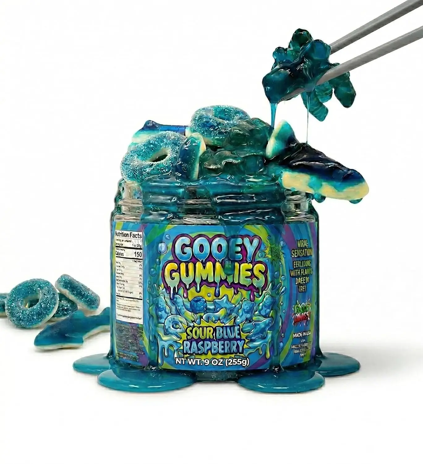 Sour Gooey Ultimate Mix Gummies, Sour Blue Raspberry Gummy Candy Mix, Ooze Sticky Gummies, Liquid Chewy Sweet Treat Resealable Container [Choose the Flavor] (9 oz, Sour Blue Raspberry)