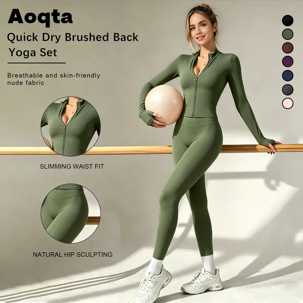 Aoqta women’s two-piece athletic set, half-zip stand collar long-sleeve jacket paired with high-waisted leggings, activewear for yoga, fitness, running, and everyday wear