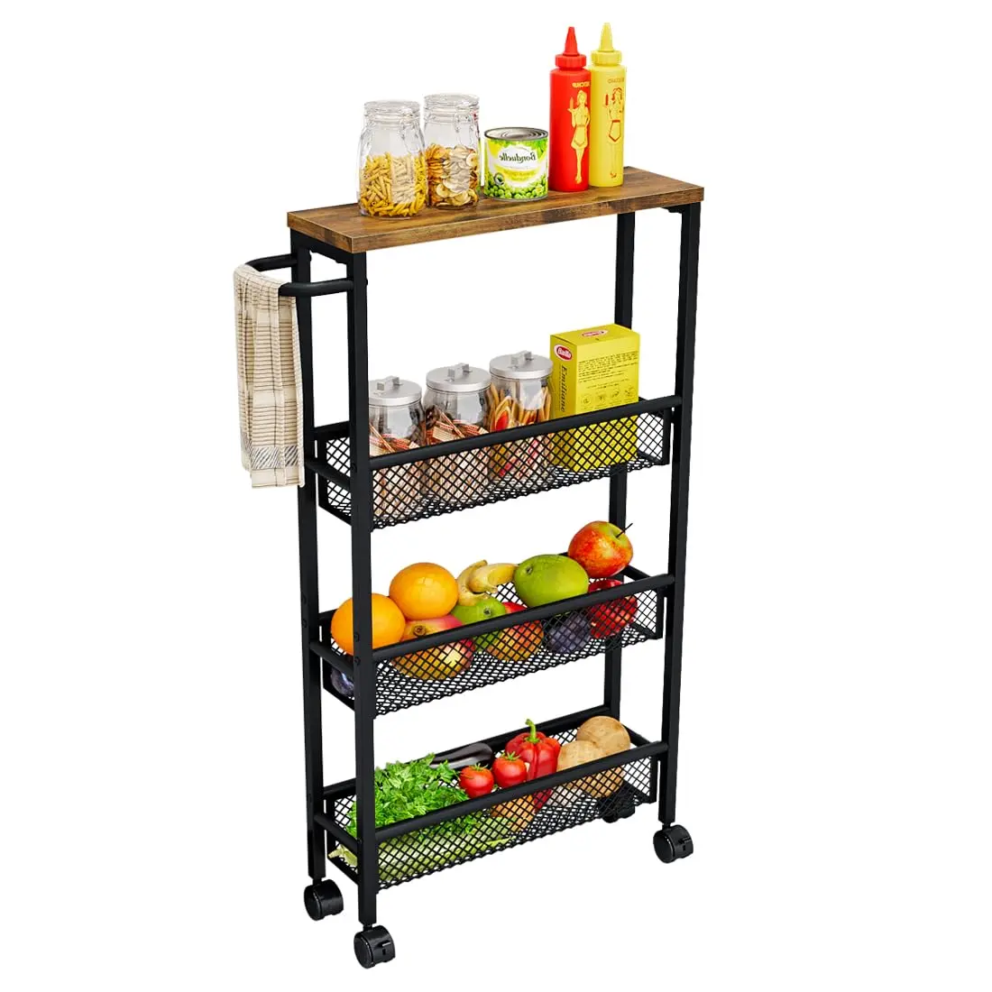 Slim Rolling Cart 4/5 Tier Narrow Storage Cart on Wheels with MDF Board Top and Metal Handle for Small Space Kitchen Living Room Home Office Pantry Bathroom Laundry Room Mother's Day summerwins