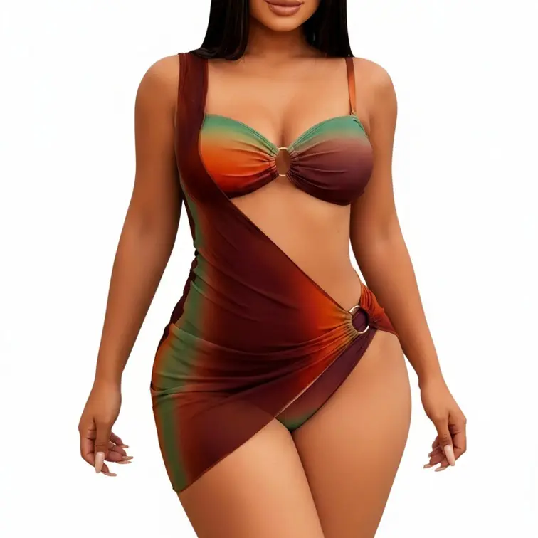 3-Piece Gradient Ombre Bikini Set with Mesh Skirt Cover-Up Ombre Brown Green Orange Bikini Adjustable Strap Ombre Bikini Set swim suit swimsuits