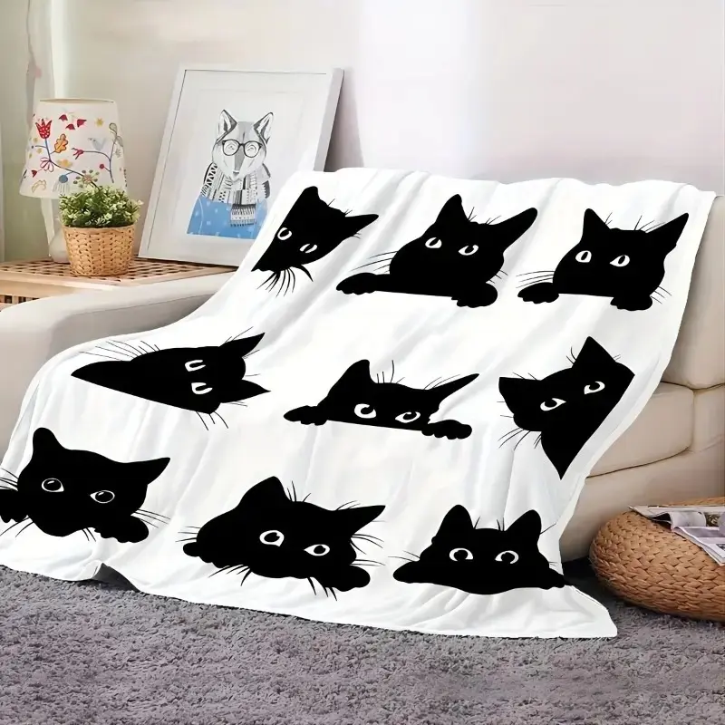 Soft Fluffy Black Cat Printed AC Blanket Portable Nap Throw Blanket Perfect for Sofa Bed Office Camping Travel Outdoor Use