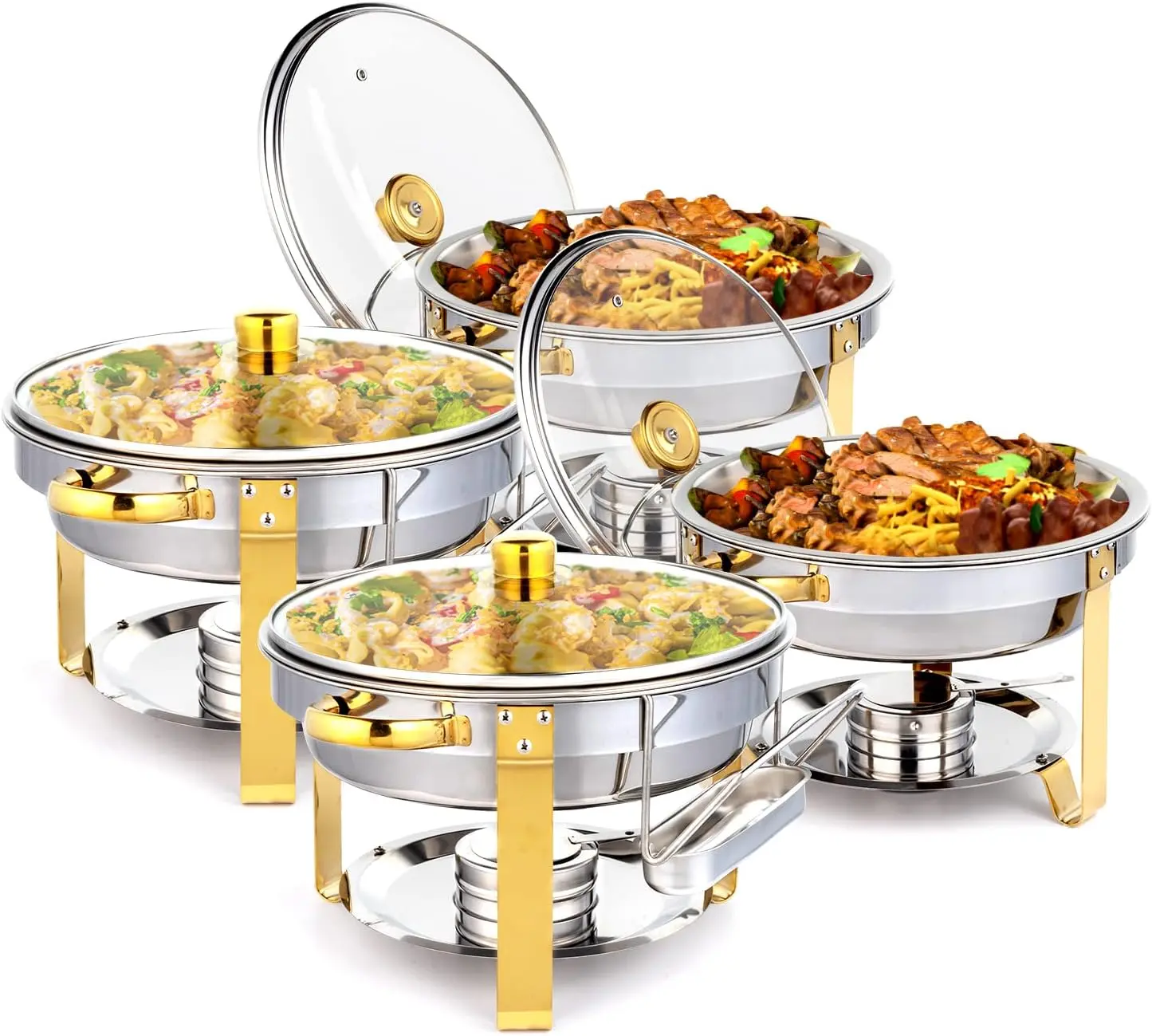 ROVSUN 5QT Round Stainless Steel Chafing Dish Buffet Set with Gold Accent, Transparent See-Through Glass Lid, Lid Holder - 2/4 Packs, NSF Certified, Pans, Serving Tray for Catering Events, Weddings, See-Through Lid