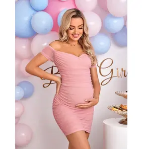 Pregnant Women Plain Off Shoulder Short Sleeve Ruffle Dress, Baby Shower Maternity Dress