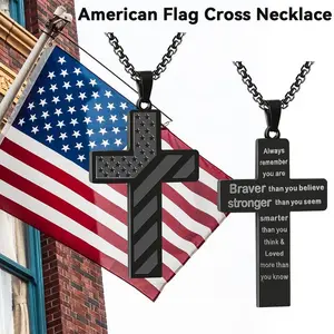 American Flag Cross Necklace for Teen Boys & Men with Ear Studs Durable Titanium Steel Hip Hop Fashion Pendant 1.8 inch Gift for Son Boyfriend Husband