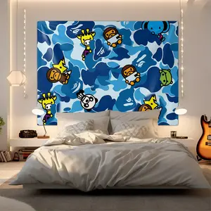 Blue Camouflage Cartoon Ape Head Printed Tapestry, Funny Tapestry, Bedroom Wall Hanging Tapestry, Modern Home Digital Printed Tapestry, Personalized Wall Decoration, Suitable for Bedroom, Living Room and Study