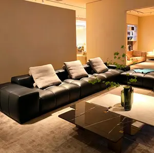 Italian Minimalist Pixel Modular Black Leather Sectional Sofa, Stain Resistant Waterproof Top Grain Cowhide Cube Combination Couch, Free Splicing Oversized Deep Seat Modular Sofa for Modern Luxury Villa