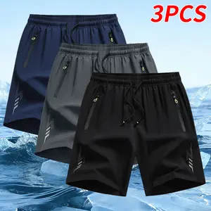 Men’s 3-pack quick-dry athletic shorts, menswear, solid color breathable design, zippered pockets, drawstring waist, multiple sizes available, suitable for gym and everyday outdoor wear，summervibes