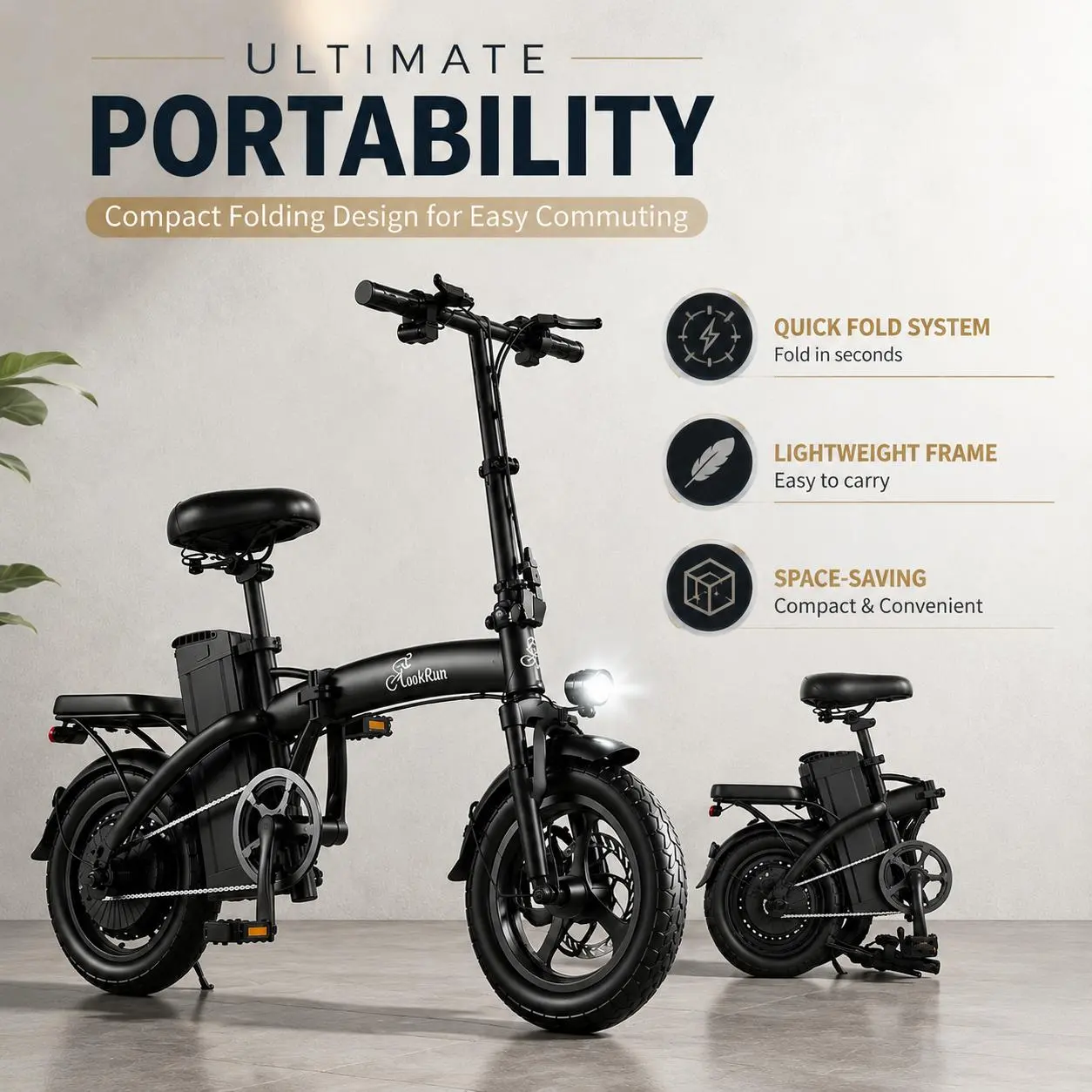 LOOKRUN Adult Foldable 2-Seater E-Bike, 650W Peak Motor, 48V 15Ah Battery, 50-mi Range, Mechanical Key Lock, Puncture-Proof Vacuum Tires, Handlebar, Bike Bag for City Commute, Outdoor Adventures compact long-lasting 8-level shock absorption electric shop,