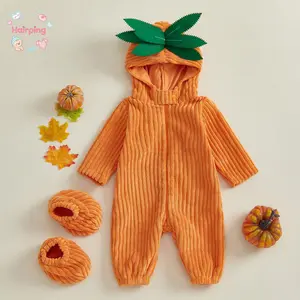 Baby Orange Hooded Romper with Shoes, Ribbed Velvet Long Sleeve Jumpsuit, Cute Fruit Costume Onesie for Infant Newborn, Soft Warm Winter Outfit for Daily Party Holiday