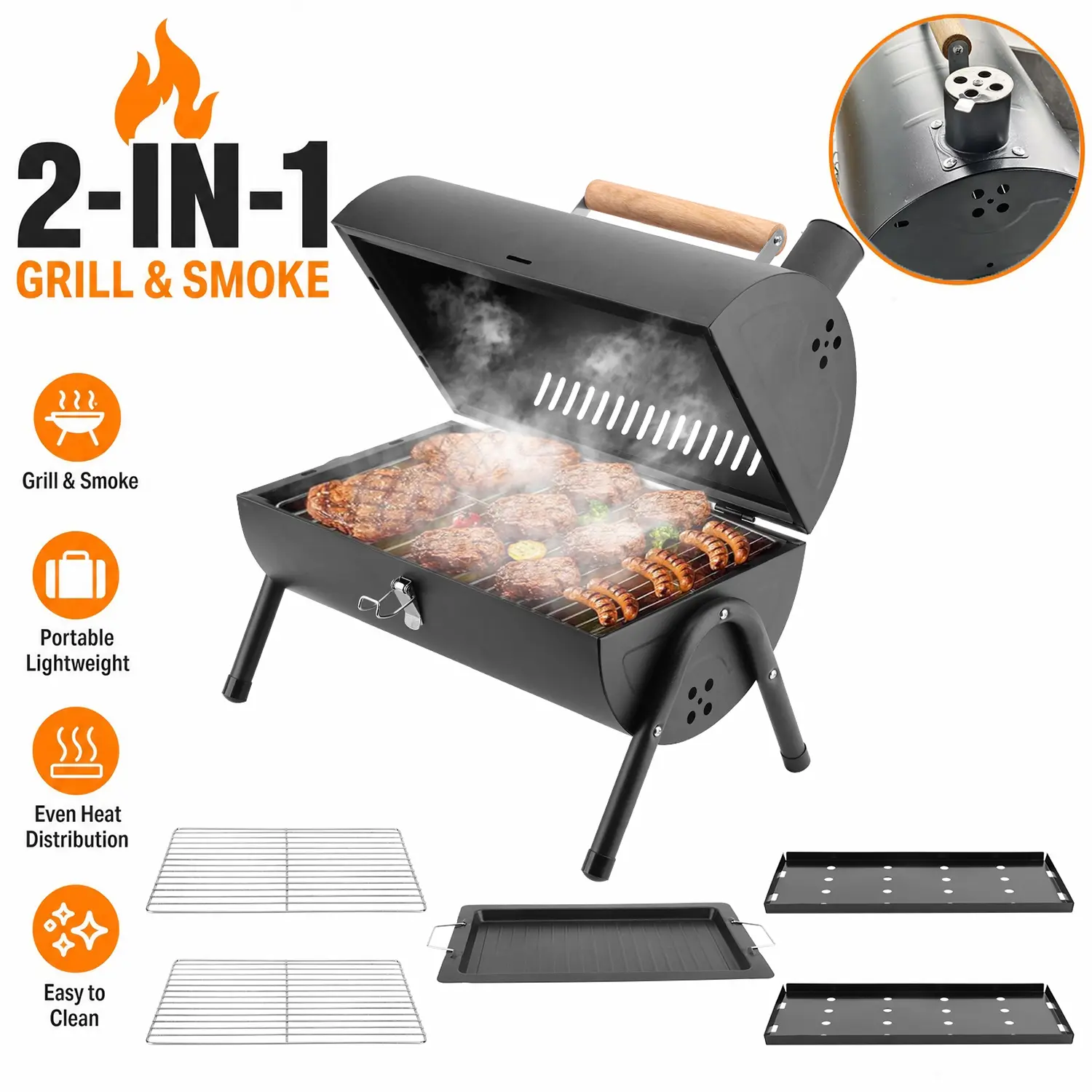 Compact Foldable Portable Barbecue Grill - 2-in-1 Detachable Outdoor Barbeque with Windproof & Efficient Smoker, Griddle Plate, Stainless Steel Grate, Easy Setup, Cleanup, Durable Build for Weekend Camping Trips campingessentials