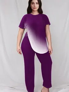 [Elegant Plus Size Set] 2-Piece Women's Plus Size Gradient Print Set - Elegant round neck long-sleeved top and straight-leg pants, moderately stretchy knitted fabric, machine washable sportswear
