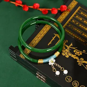 2Pcs/Set Natural Jade Jingle Bangles Retro Simple Fairy Flower Glass Bracelet Femme Fashion Women's Casual China Jewelry