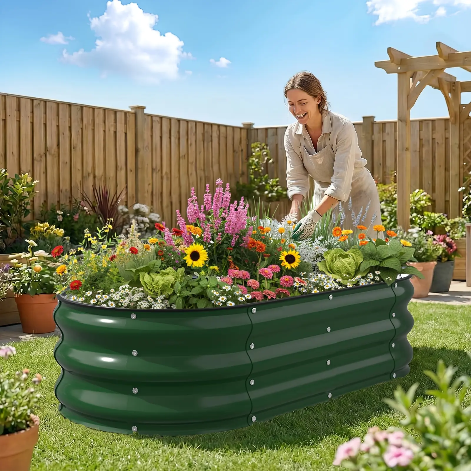 4×2×1 feet Forest Green Oval Galvanized Steel Raised Garden Bed, 12-inch Deep Planter Box with Safety Rolled Edges and Open Bottom Drainage, Outdoor Vegetable and Herb Garden Bed