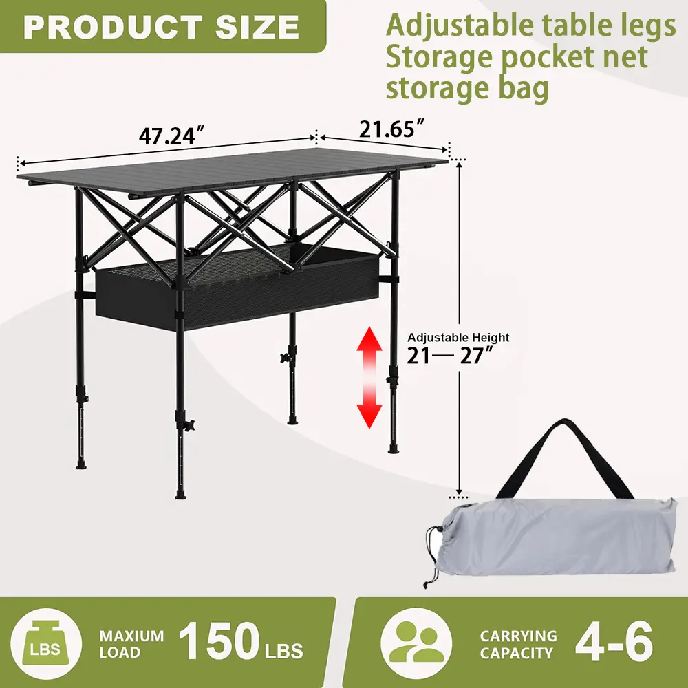 Pacilack Portable Folding Camping Table, Adjustable Height Camping Table Folding with Storage Net & Bag Lightweight Roll Up Table for Tailgate Outdoor Backyard BBQ Patio Picnic