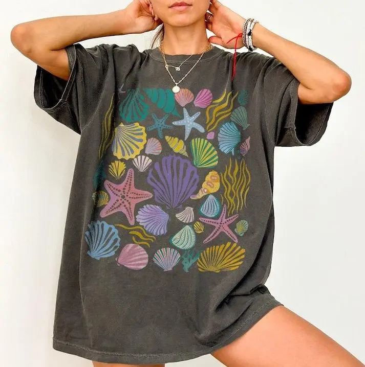 Vintage Seashells Tshirt Comfort Colors Cotton Cottagecore Aesthetic Shirt Nautical Tee Ocean Swimsuit Coverup Oversized Coastal Surf Shirt-Tiffany Graphic Tee