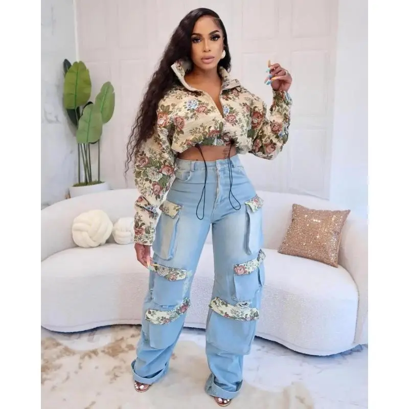 Washed Denim Women's Set Full Sleeve Floral Jacket and Pockets Cargo Jeans Pants Suit 2025 Street Two 2 Piece Set Outfit