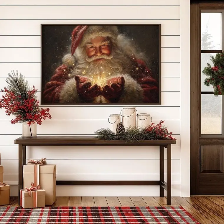 Magical Santa Claus Poster Wall Art, Vintage Christmas Painting Poster, Festive Holiday Décor with Sparkling Golden Glow Poster