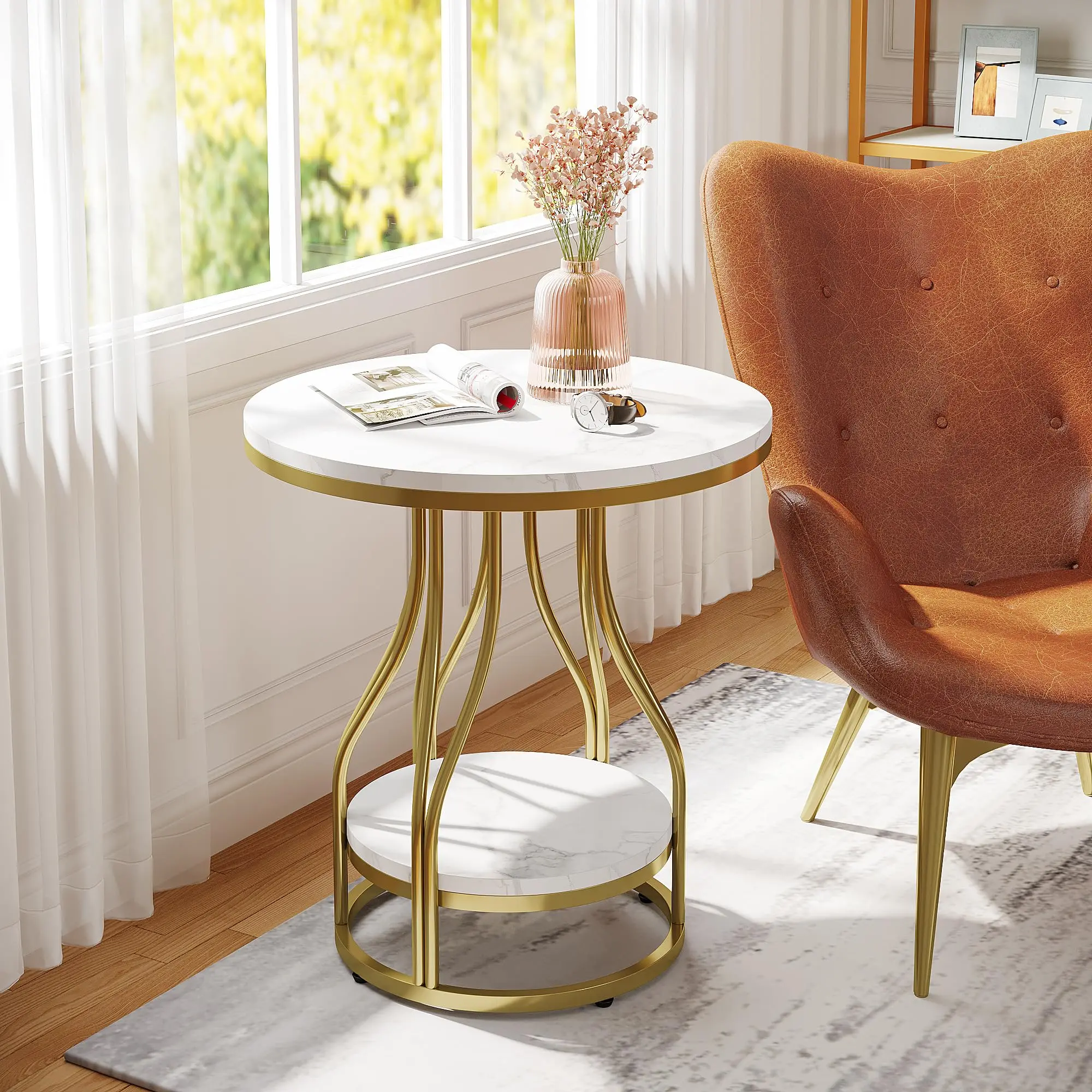 Tribesigns Round Side Table, White & Gold End Table, 2-Tier Modern Bedside Table,Small Side Table with Storage for Couch Side, Sofa Side Table with Metal Frame for Living Room, Bedroom, and Office space saving end table