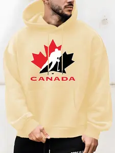 Canada Flag & Hockey Player Print Hoodie, Soft Polyester Elastane Blend, Front Pocket Design, Unisex Casual Pullover, Winter Comfortable Fit, Casual Streetwear Sweatshirt