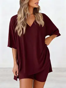 Aesthetic & Cozy Women's 2 Piece Lounge Set, Oversized V Neck Tee and High Waist Biker Shorts, Soft Stretchy Pajama Set for Everyday Comfort