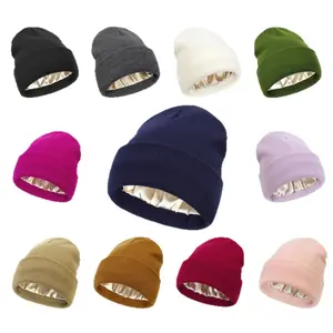 Satin Lined Knit Beanie, Solid Color Beanie Hats,Winter Warm Hat for Hair Protection, Keeps Hairstyle Smooth and Cozy, Perfect Christmas Gift for Men & Women, Fitted Hat, Daily Clothing Decor