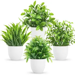 Indoor Decorative Fake Plants Set of 4, Small Artificial Eucalyptus, Buddha Grass, Quill Leaf, Spring Grass, Low Maintenance Greenery, House Plants Decor