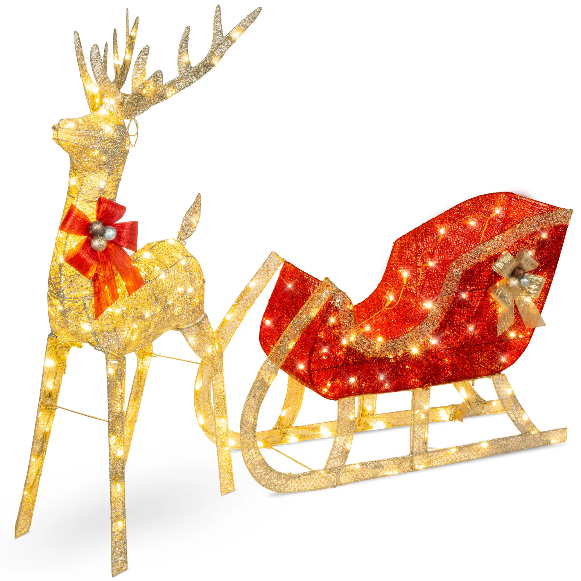 Best Choice Products Lighted Christmas Reindeer & Sleigh Outdoor Decor – 4ft & 5ft Sets w/ LED Lights in Gold, White, Silver & More