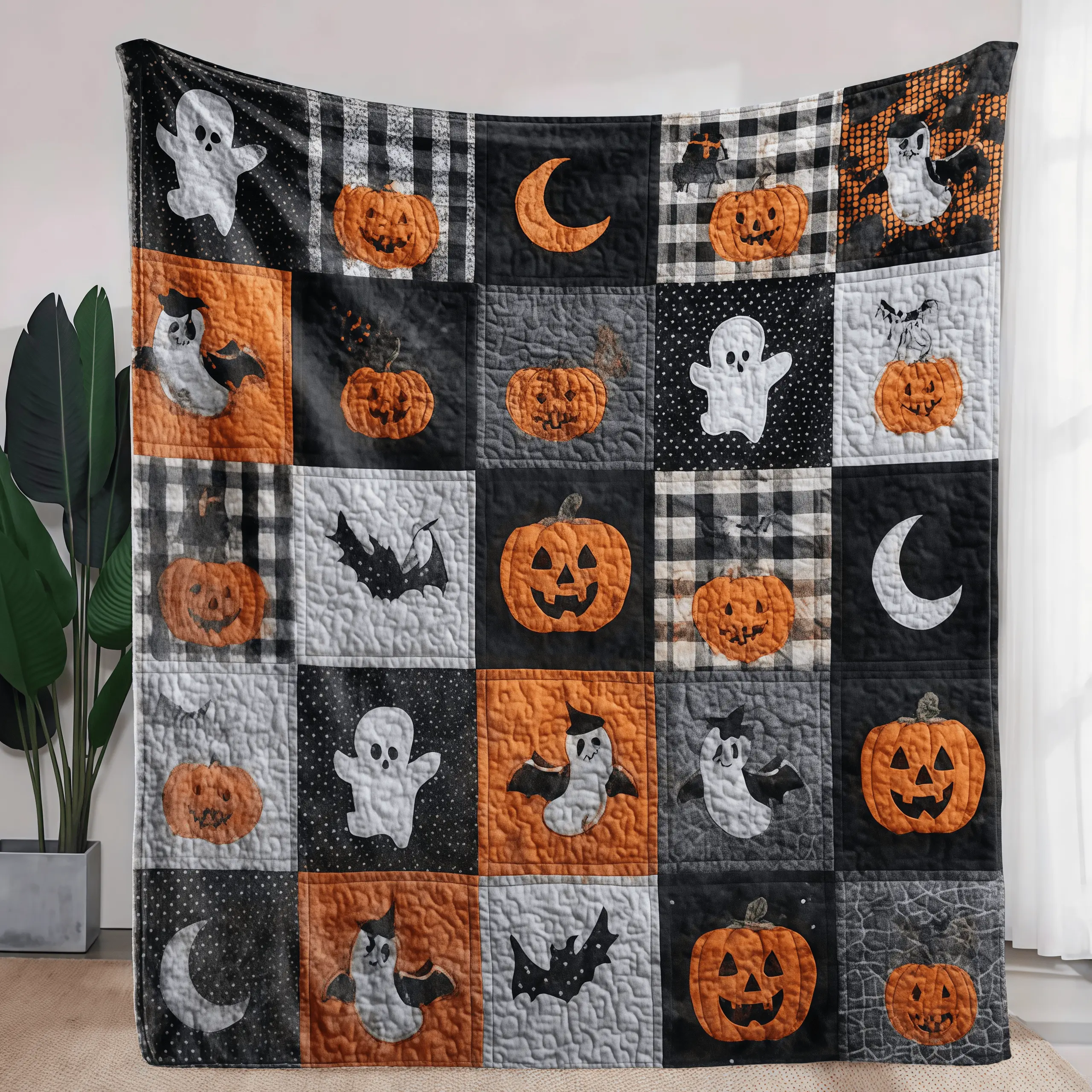 Halloween Ghost Pumpkin Buffalo Plaid Flannel Blanket, Bat Moon Vintage Grid Throw Blanket, Soft Plush Warm Blanket for Couch Bedroom, Cozy Comfy Nap Blanket, Perfect Giftable Decorative Blanket for Halloween All Seasons