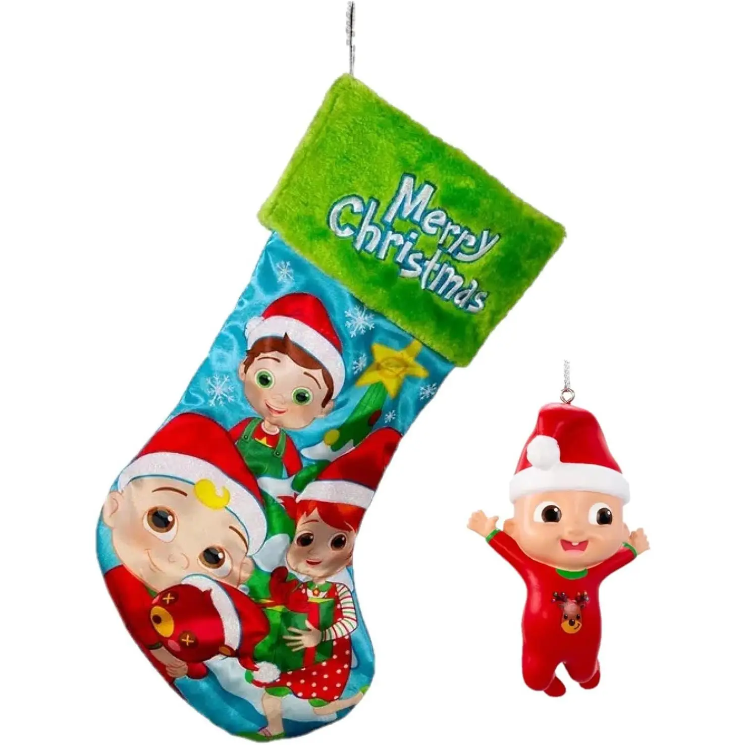 Kurt Adler CoComelon JJ Christmas Ornament and Stocking Set - Holiday Tree Ornament & Stocking - Officially Licensed - Toddler and Preschool Gift for Kids. Boys and Girls