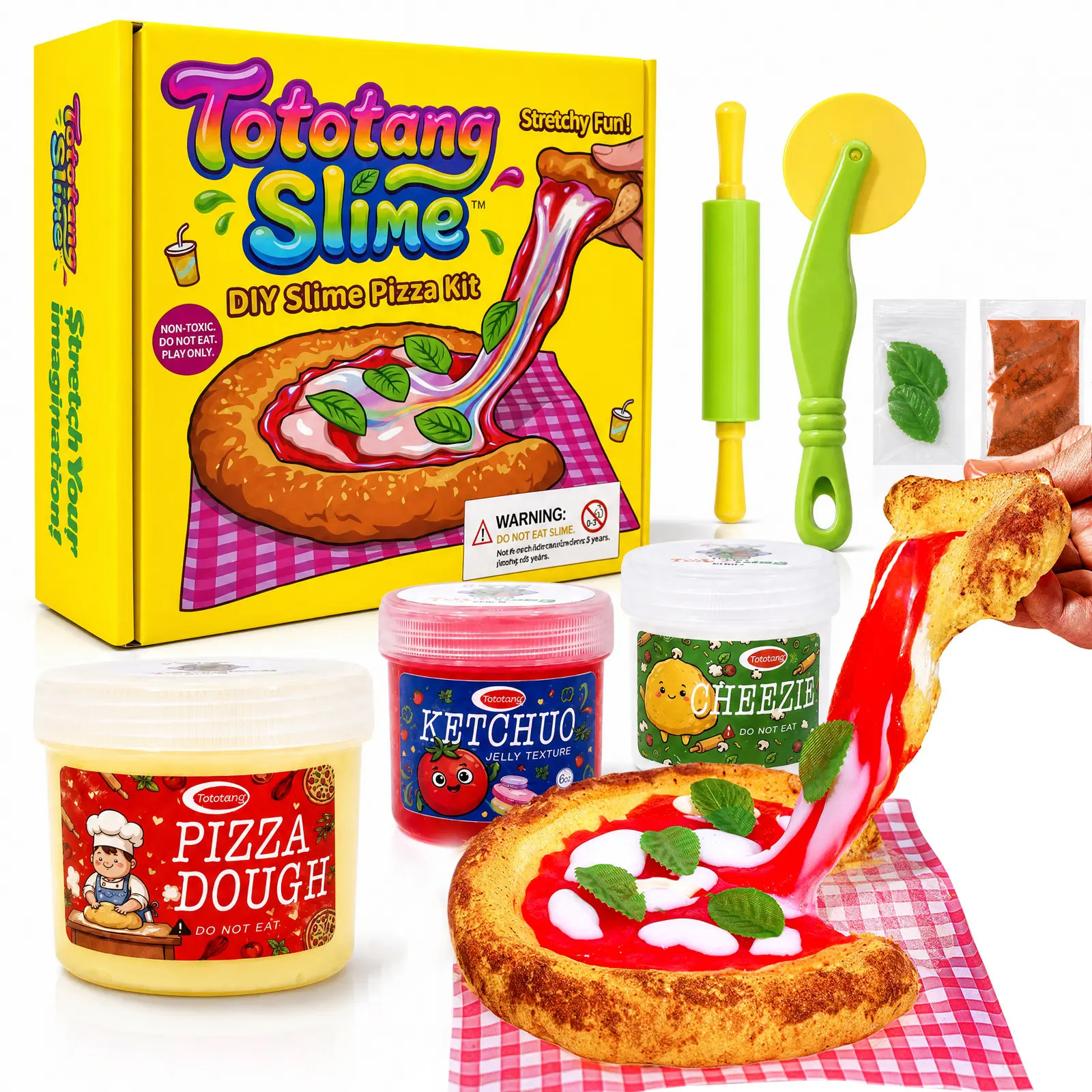 DIY Pizza Slime Kit - 3 Unique Texture Options (Dough, Ketchup, Cheezie), Realistic Pizza Tools & Toppings, Sensory Activities Moldable Squishy Toys, Slimes, Moldable Slime & Squishy Toys