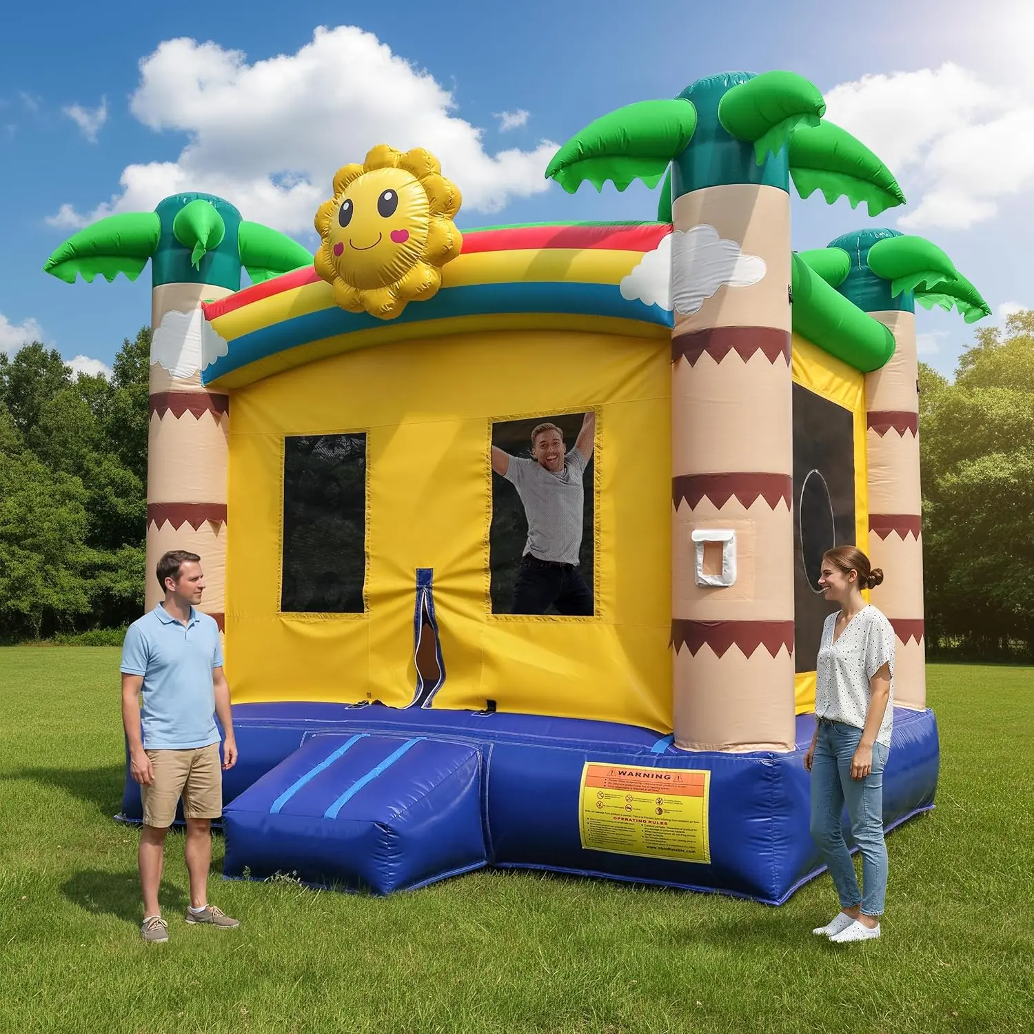 KIWHHInflatable Commercial Grade Bounce House: 13FT(L) Large Bouncy Castle for Adults and Teenagers - 750W Blower, Basketball Hoop, Premium PVC, Tropical Style - for Backyard Outdoor Indoor