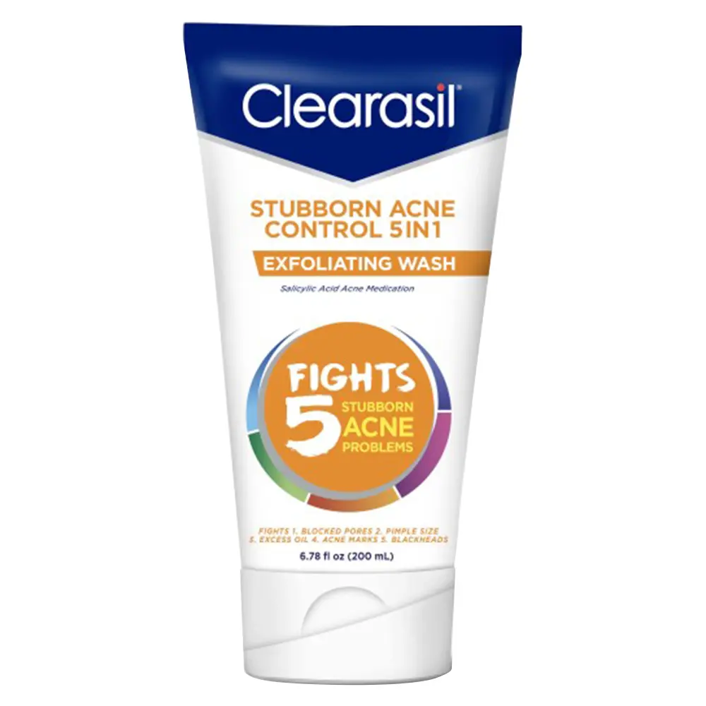 Clearasil Stubborn Acne Control 5in1 Exfoliating Wash, Maximum Strenght with 2% Salicylic Acid Acne Treatment Medicine, Daily Acne Facial Cleanser 6.78 fl oz