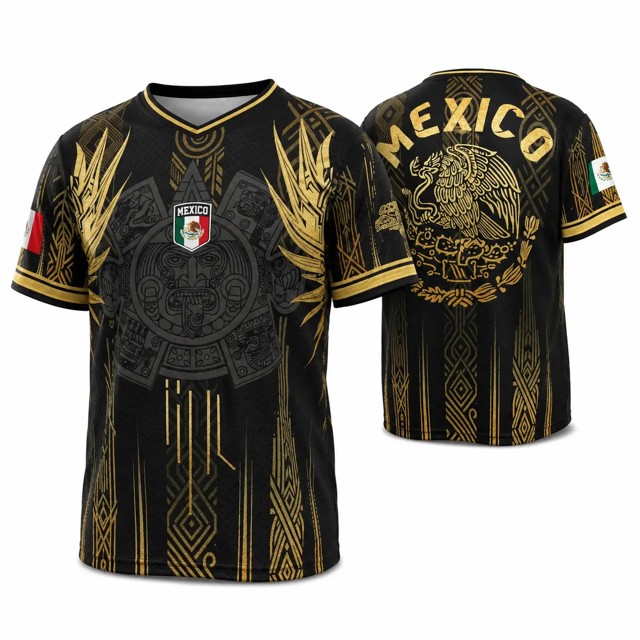 Men’s Mexican-Inspired Polyester Short-Sleeve V-Neck Graphic Sports Jersey, Black Gold with Eagle & Geometric Artwork, Fitted Menswear for Soccer Casual Sporty Chic, TikTok Shop Back to School