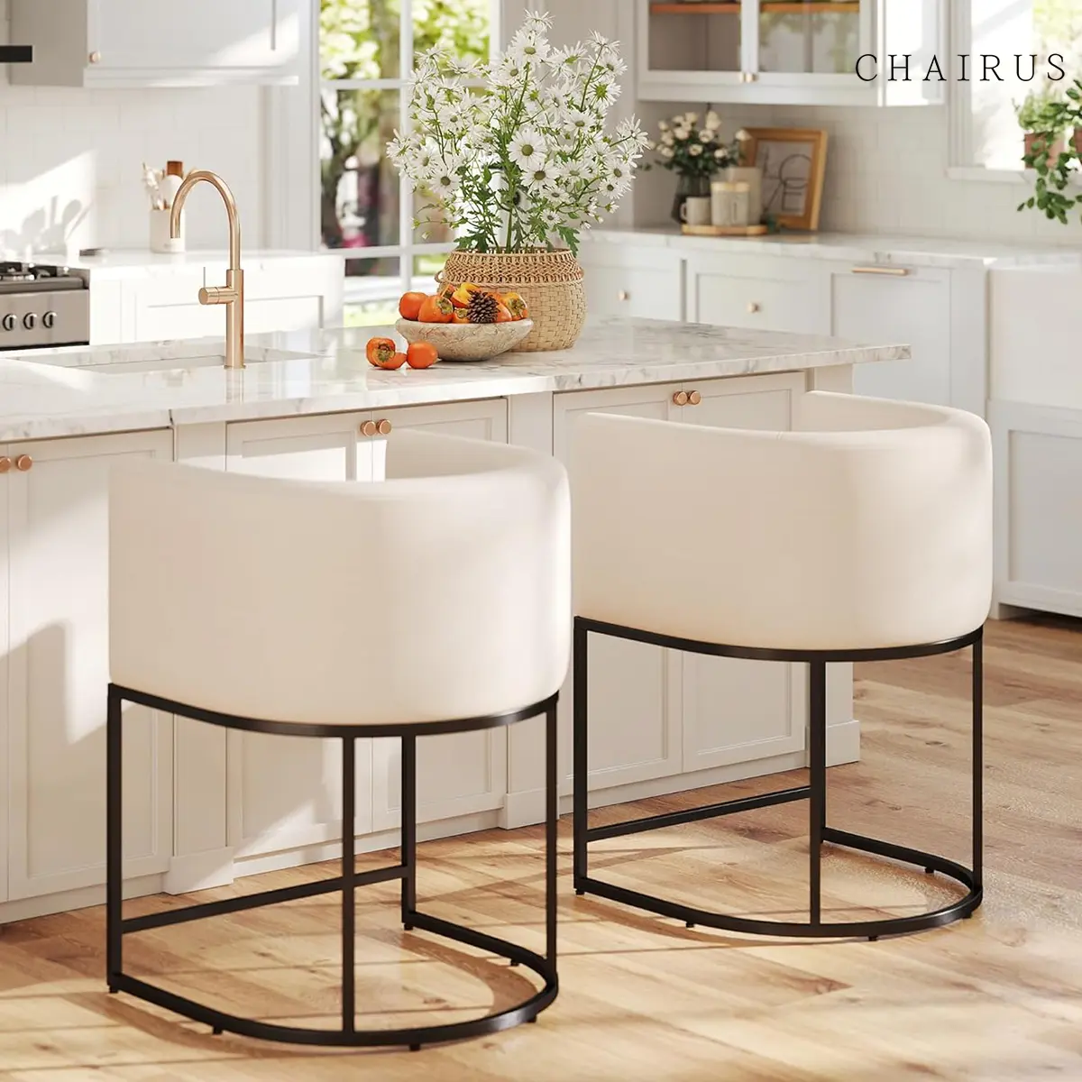 CHAIRUS 24'' Linen Counter Height Bar Stools Modern Barrel Counter Height Stools with Backrest and Arms Bar Chairs with Black Metal Frames and Footrest Upholstered Accent Bar Stools for Kitchen Island Dining Room Cream sohochic