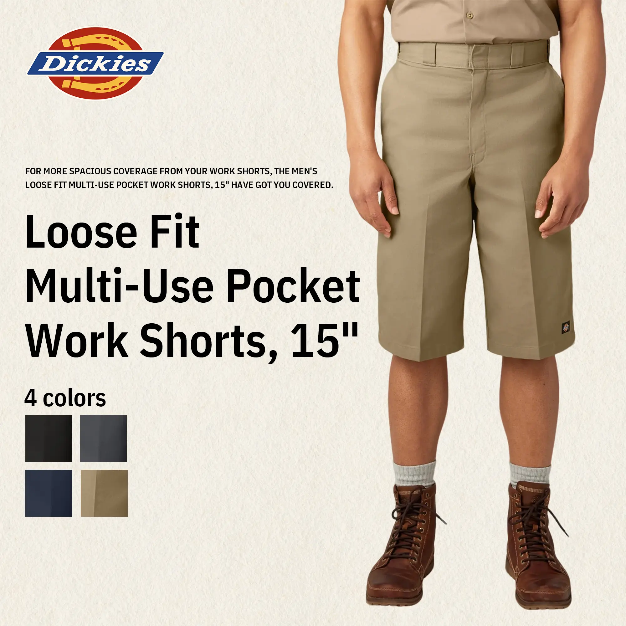 Dickies Men's   Loose Fit Multi-Use Pocket Work Shorts  , 15" 2-Piece Waistband (Prevents Rolling), Easy-Care, Male Clothing, Wrinkle-Free, Left Back Pocket, Relaxed Beige