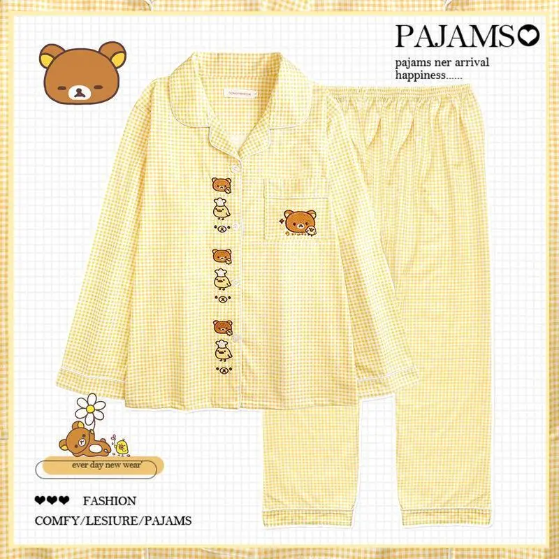 Rilakkuma Cartoon Women's Long-Sleeve Trousers Loungewear - Yellow Plaid Cute Nightwear for Spring & Autumn