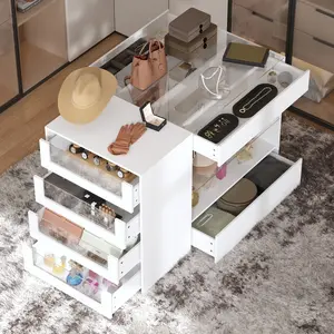 Multifunctional Closet Island Armoire - 8-Drawer Storage w/Glass Tabletop & Display Shelf, Wardrobe Organizer for Bedroom/Walk-In Organization Modern