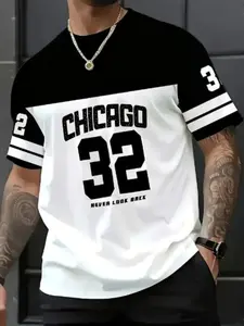 Men's New Casual Round Neck T-Shirt, Chicago Word Design, 32 Number Pattern, Polyester Knit Fabric, Soft Breathable, Outdoor Comfort