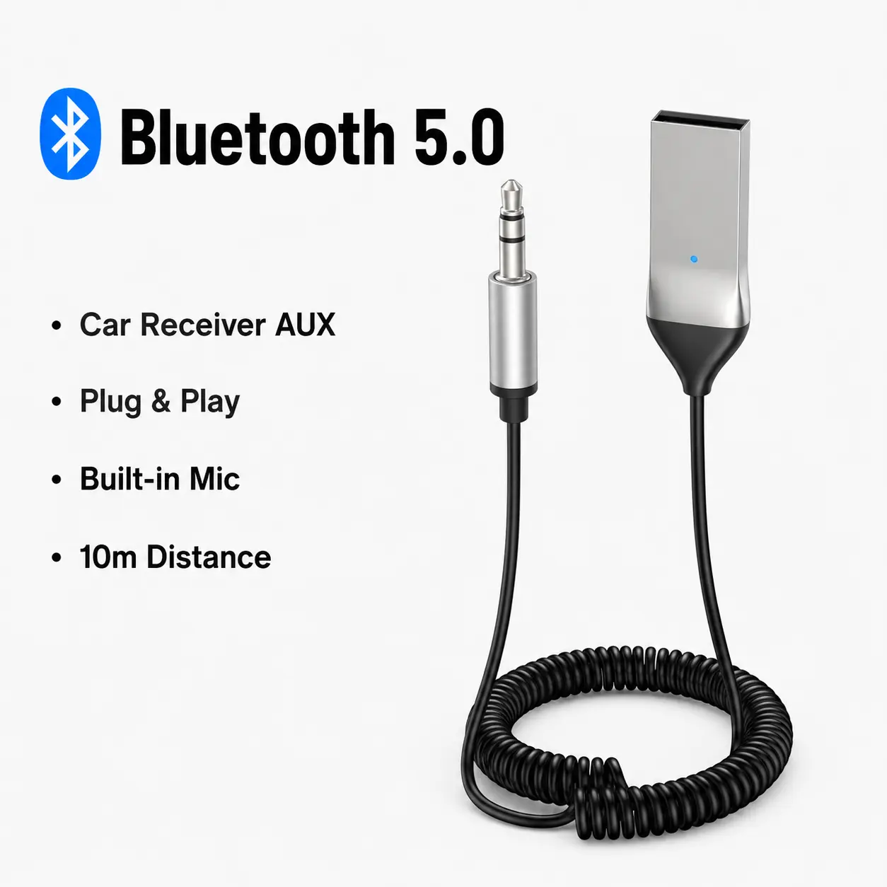 Aux to Bluetooth 5.0 Adapter Wireless Receiver for Car Hands-Free with Built-in Microphone AUX 3.5mm Stereo Audio - Auxiliary Cord, Compatible with Car Speaker and Home Audio