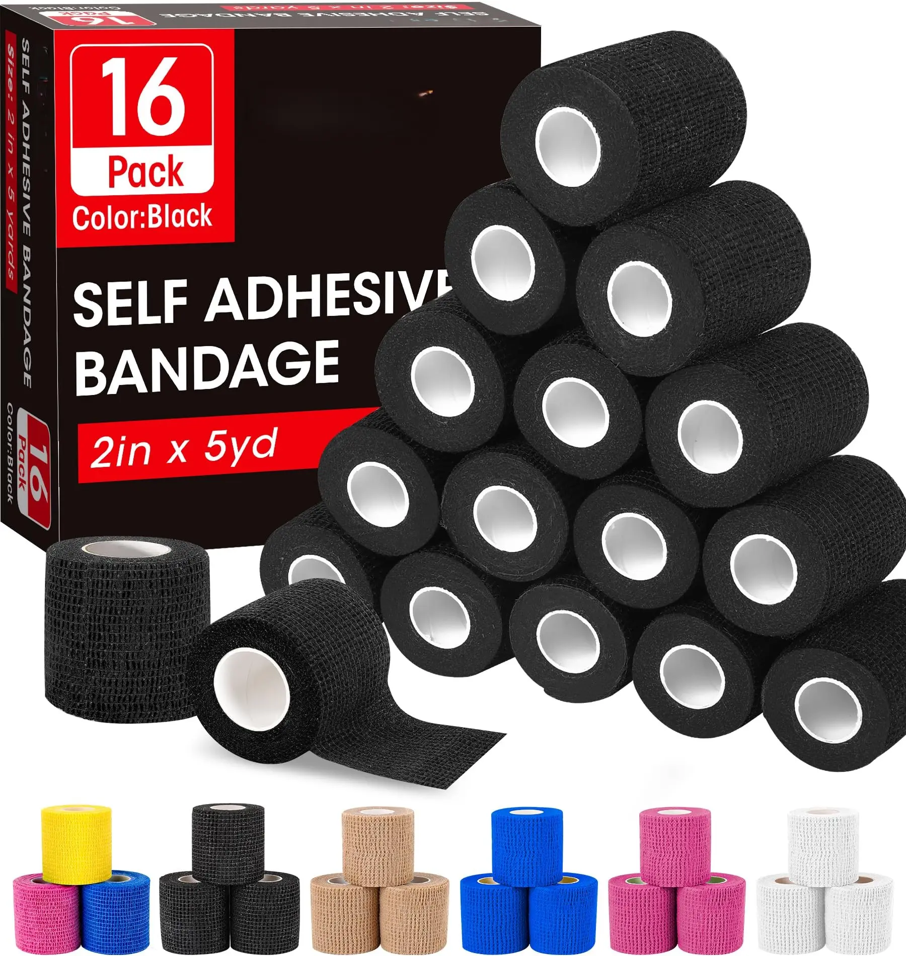 16-Pack 2"x5yd Self-Adhesive Cohesive Bandage Wrap, Black - Athletic Tape for Ankle, Vet Wrap, Tattoo Grip Tape (Sports & Outdoor, Hunting Use)