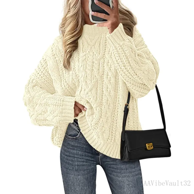 Women's 3-Pack Loose-Fitting Cable-Knit Sweaters, Long-Sleeve Chunky Knit Fall-Winter Crewneck Casual Pullover Tops, Free Shipping (AAVibeVault32)