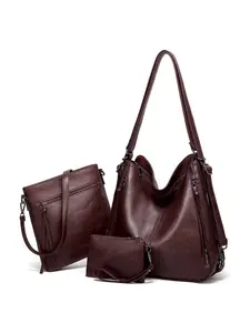 Vintage PU Saddle Bag Set, 3-Piece Large Capacity Convertible Shoulder Crossbody Handbag, Casual All-Season Plain Design, Classic Shoulder Bag