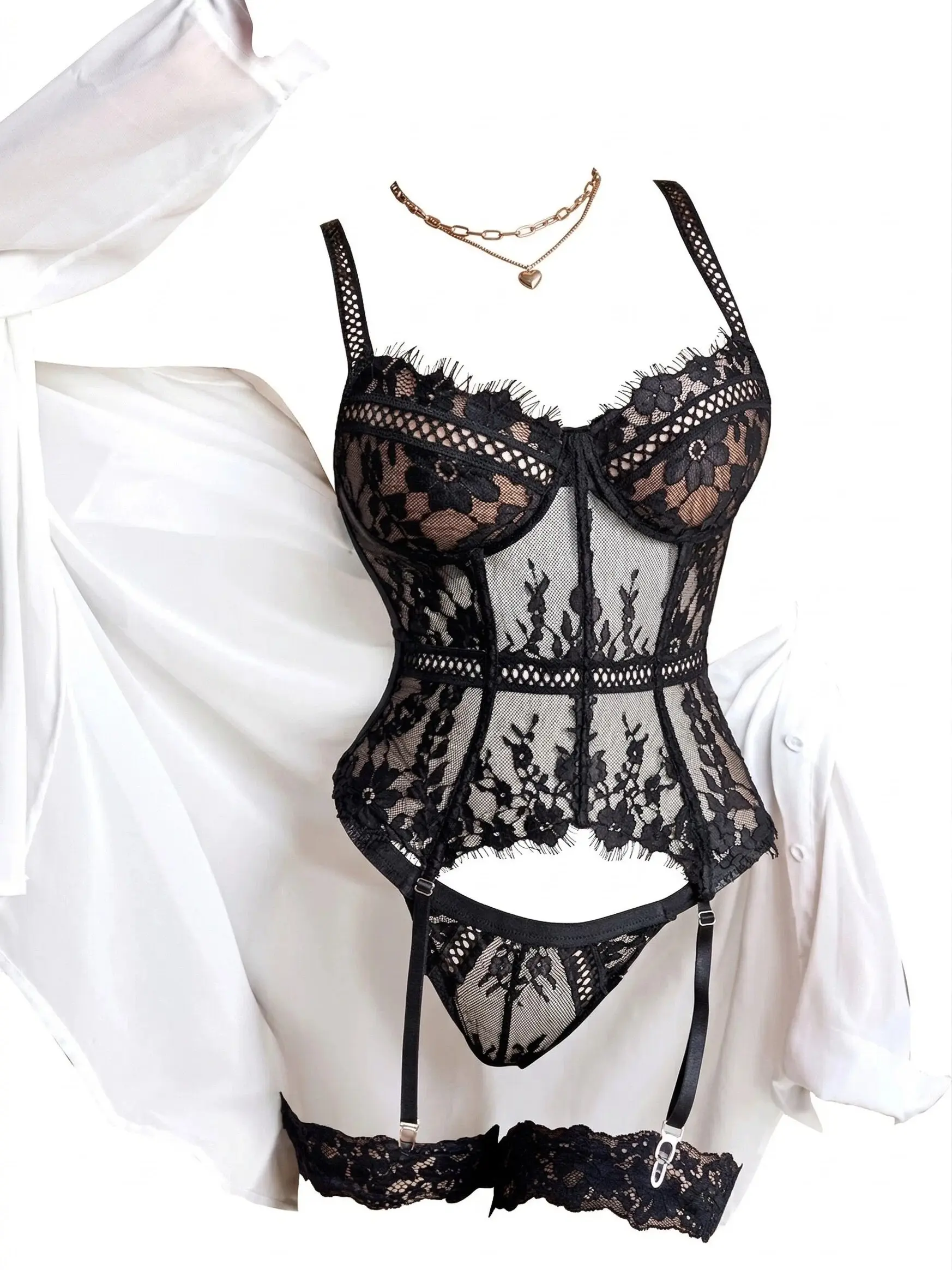 Women's Comfortable Lingerie 2-Piece Lace Corset Sleepwear Set - Matching Panty & Garter Belt, Basic Fit, Sizes S-XL, Minimalist, Includes Garters, Lace Print, Glamorous
