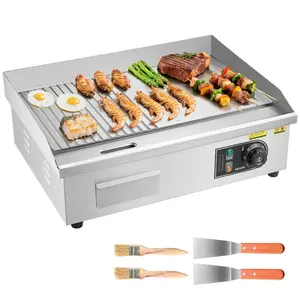 VEVOR Commercial Electric Griddle, 21.06x 11.81 inch, 1750W, 122-570F Adjustable Temp Control, Stainless Steel Body, Half Grooved Half Flat, with 2 Spatulas, 2 Brushes, and 4 Foot Pads, for Steak