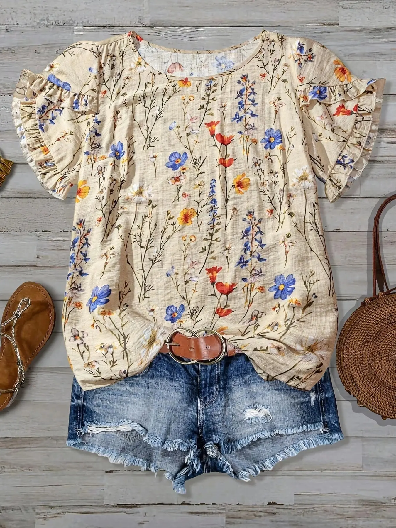 Plus Size Floral Print Short-Sleeve Blouse Casual Loose Fit Shirt, Y2K Womenswear Clothes Summer Daily Wear, Trendy Bohemian Tops, Comfortable Relaxed Fit Casual Ensembles, Stylish Nature Pattern Detail Party Casual Wear