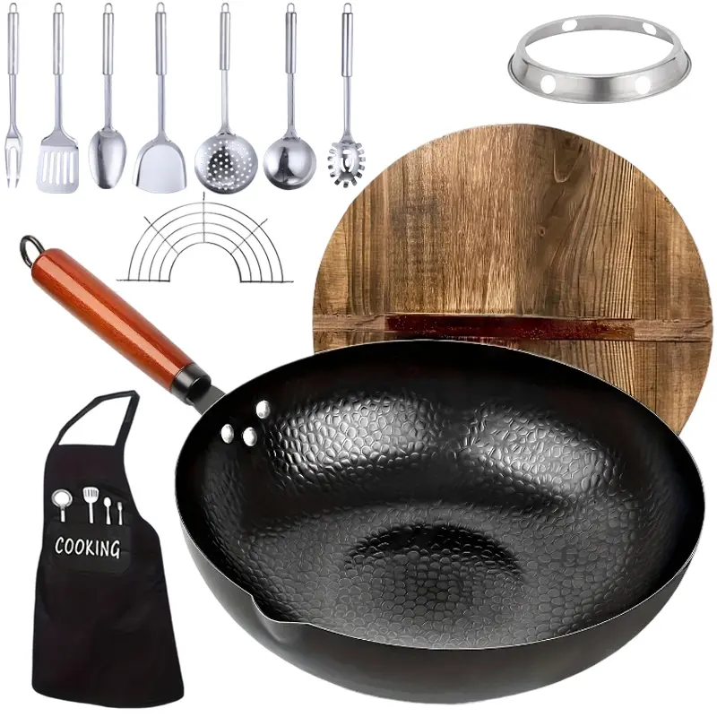 Wok, Cast Iron Frying Pan Wok Set - Nonstick, 12.6 Inch Pan With 13 Cookware Accessories, Suitable For All Stoves, Kitchen Utensils, Kitchen Tools, Kitchen Accessory, Kitchen Supplies Camping